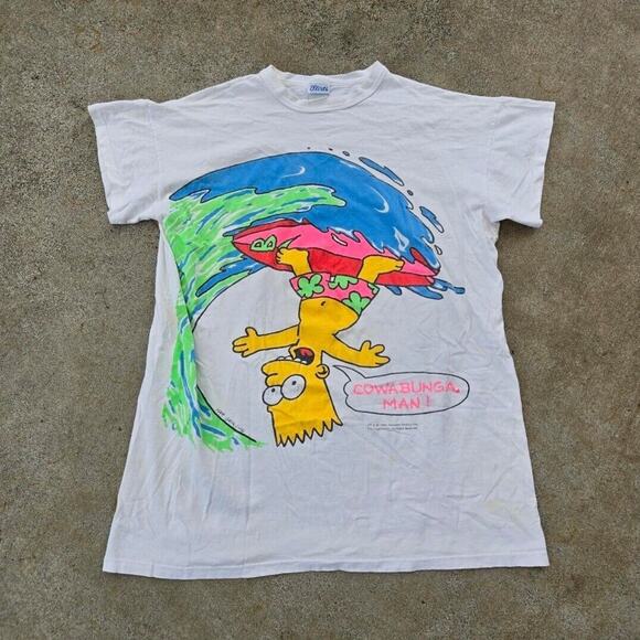 Vtg 80s 90s The Simpsons Bart Simpson Cowabunga T Shirt White Large Big Print - Picture 1 of 6